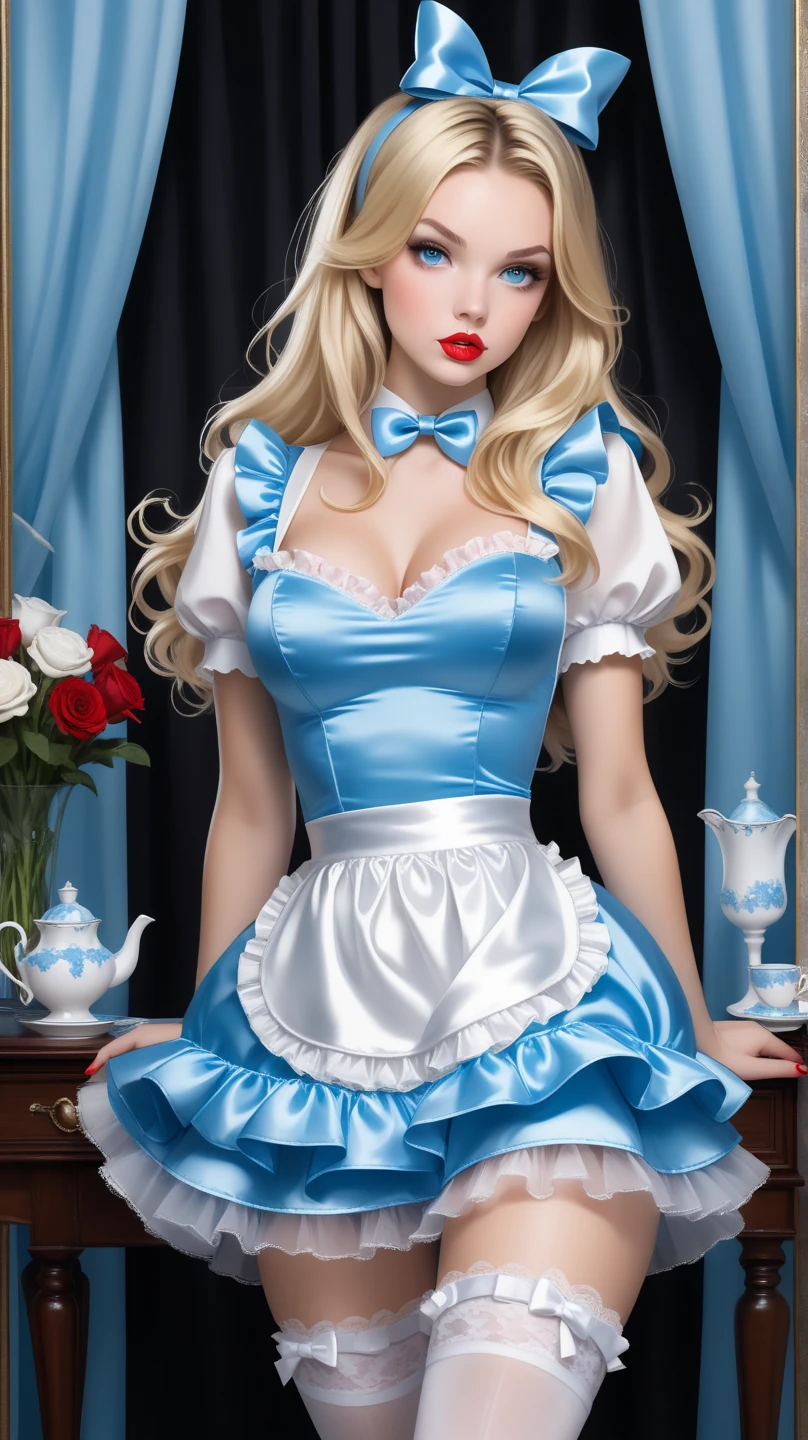 STICKER, (best quality, masterpiece, highres:1.3, solid outline:1.2), (realistic:1.5), absurdres, 1 girl, large breasts, star eye, Margot Robbie, blush, blue eyes, dressed in a sexy black maid outfit, see thru, milf, white arm glove, full body portrait, cowboy shot, no background, looking at viewer, perfect face, detailed face, bangs, perfect body, beautiful eyes, pretty face, bright skin, idol, shoes, cleavage, ass view, sexy stockings, unbutton top, dress open, panties, full body, shoes visible, sitting down, holding her breasts, naked top