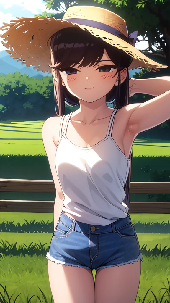 (High quality, High resolution, Fine details), country road, Strong summer sun, straw hat, tank top, Short pants, solo, curvy adult women, sparkling eyes, (Detailed eyes:1.2), smile, blush, Sweat, brown skin, Oily skin, Leaning forward, View from below, Soft tones, shallow depth of field