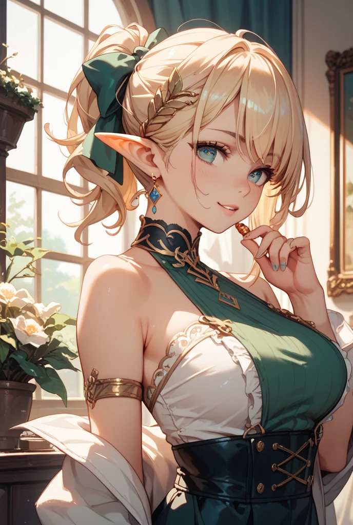 work of art, epic details, ultra detaild, best resolution, blonder woman, BEAUTIFUL ELF, rosto angelical, sculptural body, wearing loose green kigurumi pajamas with a hood, perfect hands, expression of happiness, Grinning, big simple smile, Scenario: a coffee shop, supper: having fun, no mistakes, epic details na face, ultra perfect eyes