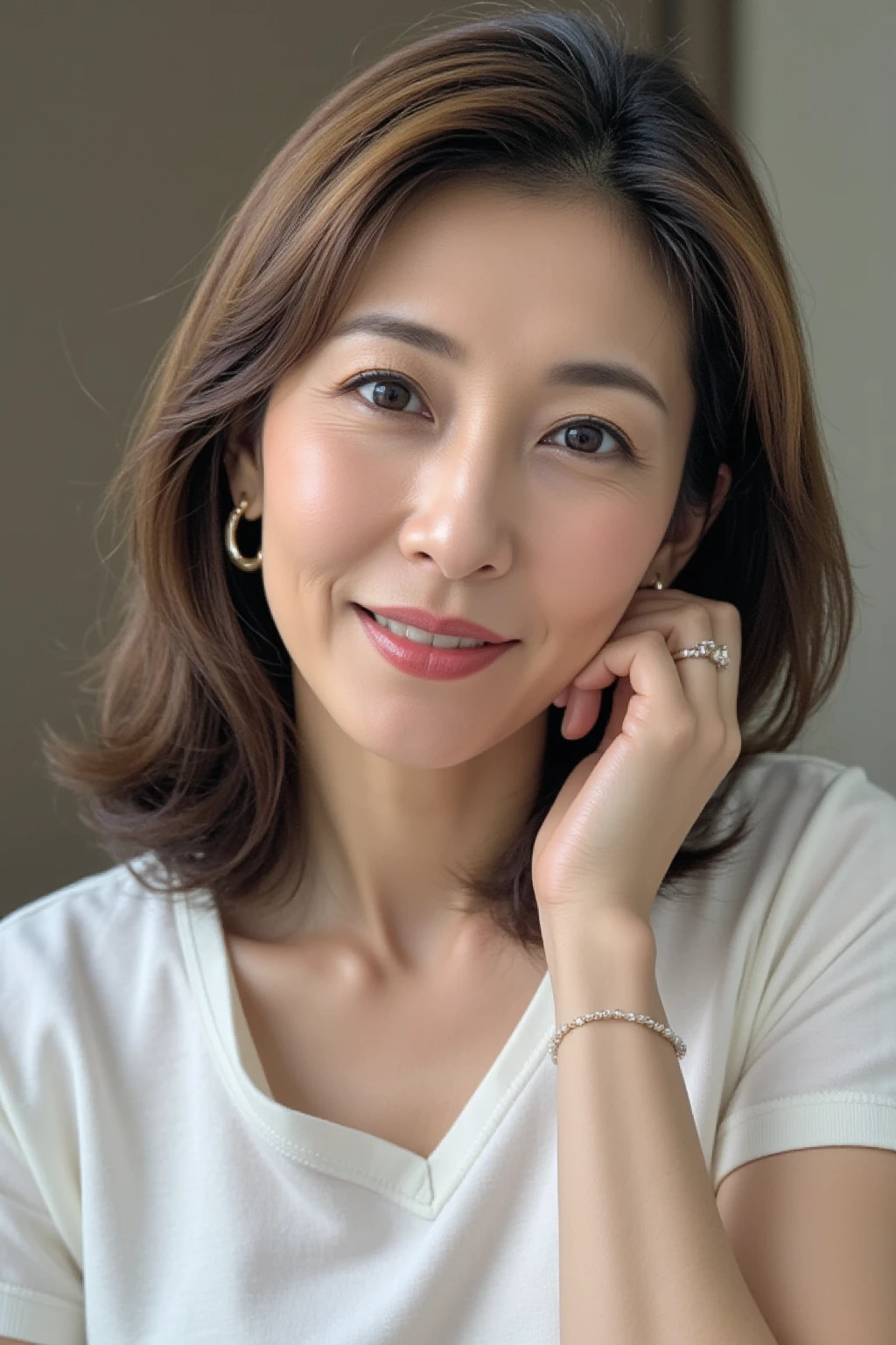 8K, Highest quality, masterpiece, Realistic, Realistic, Very detailed, Natural light, 1 Japanese female, 40 years old, Slightly brown-haired, short hair, White shirt, (Leaning forward to look into the floor camera), Detailed bending forward, Underwear and shirt, , Open neckline shirt with details, Her cleavage is visible, A refreshing smile, A friendly smile, Happy emotion smiley faces, Very detailedな顔と肌, Very detailedな目, Very detailedな顔と肌, Very detailed smile,