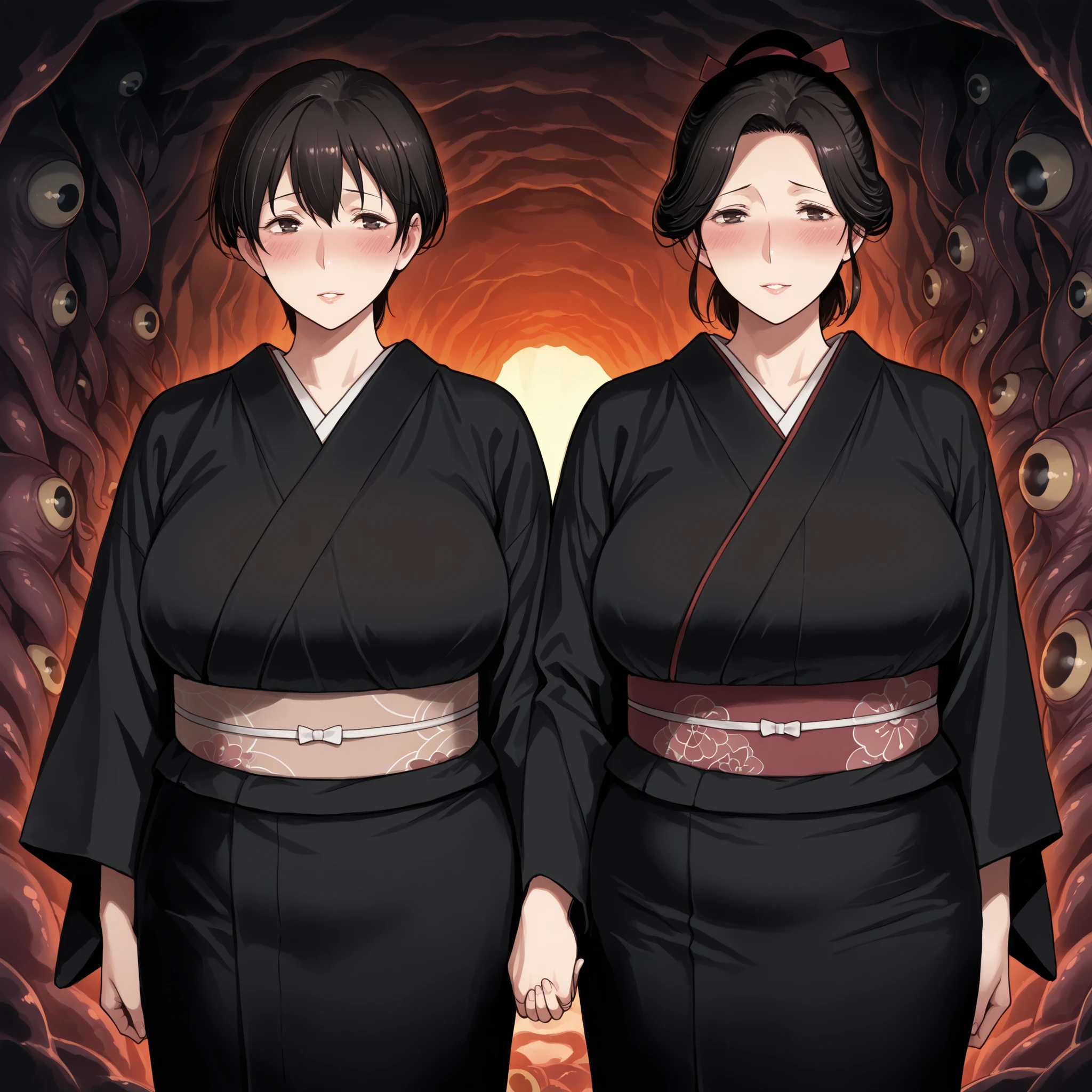 masterpiece, in a creepy cave full of octopuses, ((Two mature women side by side, walk hand in hand)), tentacle pit, Surrounded by octopuses, Wear a black kimono, black Japanese style costume, blush, chubby, Big , dark haired, short hair and ponytail hair
