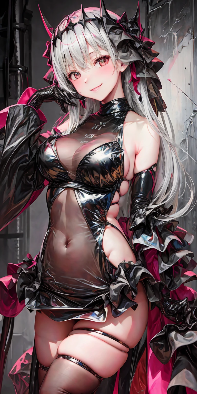 Silver hair, pink eyes, body, cat ears, sexy girl, earrings, heart background fantasy, red uniform, hair bow