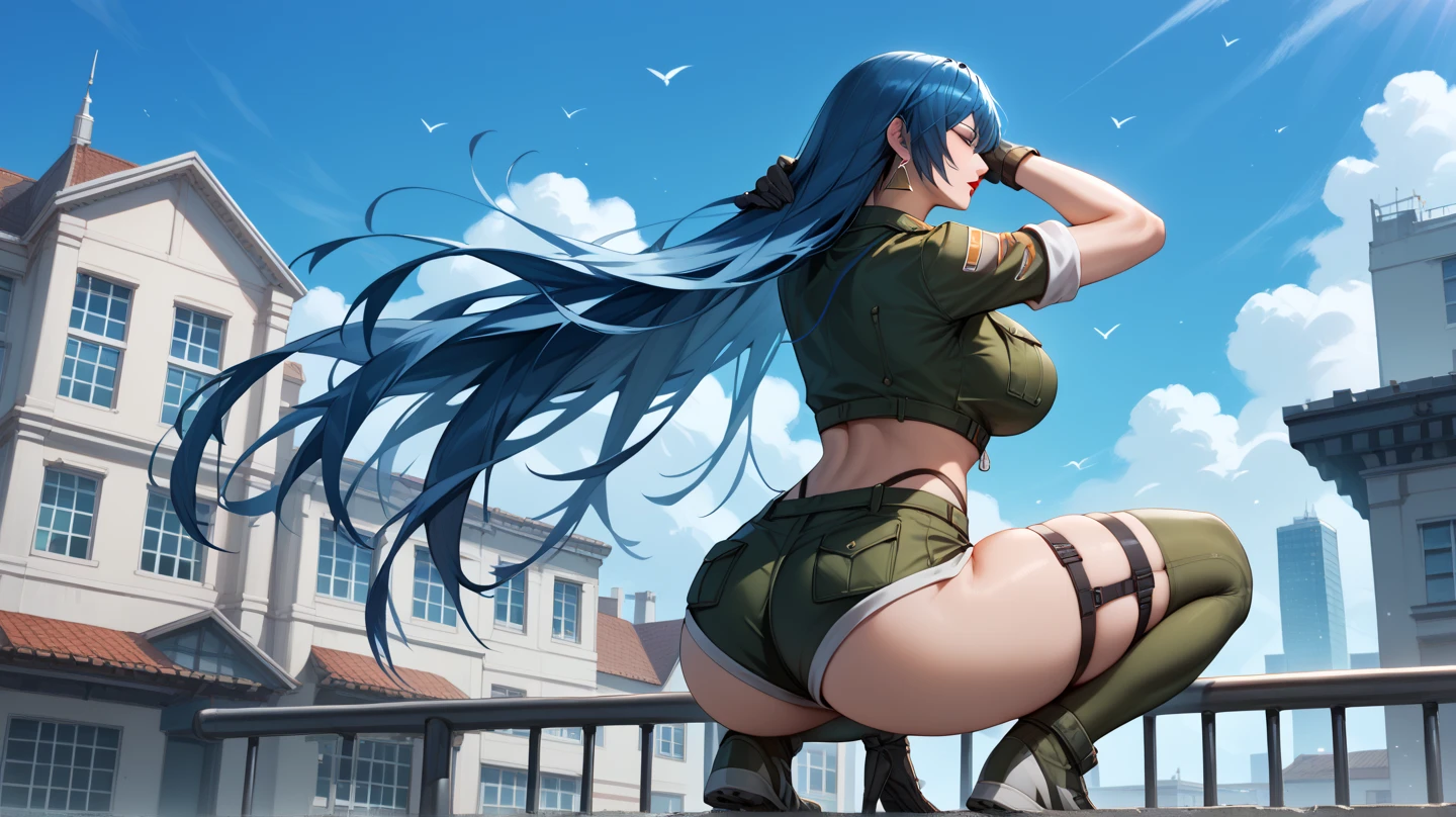 In a vast, open meadow under a bright blue sky, a colossal woman lounges on a hillside, her body stretching out like a living landscape. Humans picnicking nearby pause their activities, their eyes drawn to her massive form that dwarfs the rolling hills around them.

