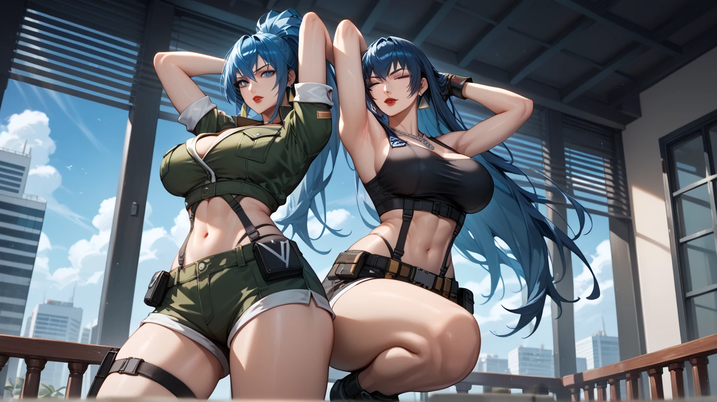 8K, 4K, Best Quality, High resolution: 1.2), (Masteristic, Realistic, Photoreal: 1.4), Two Women, In twins, Beautiful face, she is smiling、Shining Lipin Eyes, Beholder, Fair skin, White skin: 1.5), fine complexion, full body Esbian,, Big, Big, ridiculously long hair, Sky blue hair color、Bangs, Hair ornaments, with two sides up,, 年轻, White T-back、s asack-view、お尻に食い込むWhite T-back、She just wears a thong in return、big butts、Long tights、Colossal tits、H-cup、Exposed nipples、Horns are growing、It emphasizes your butt、she is the devil、Wings are growing from my back、full of sweat、Tied with a rope、Touching the nipples