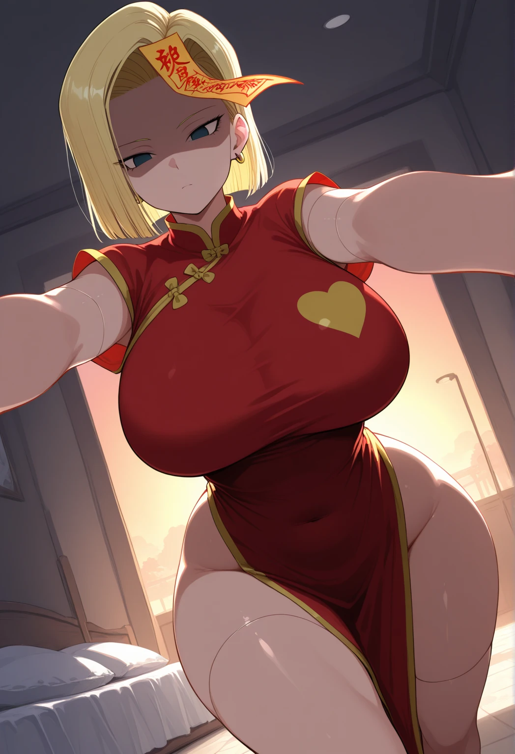 score_9, score_8_up, score_7_up, source_anime, solo, 1girl, attack kn titan, annie leonhart, smug, sinister smug expression, evil, looking at viewer, arms behind back, blonde hair, hair over one eye, blue eyes, red gown, short sleeves, latex suit, humongous breasts, large breasts, massive breasts, boob window, bare breasts, naked breasts, Chinese dress, wearing Chinese dress, exposed thighs