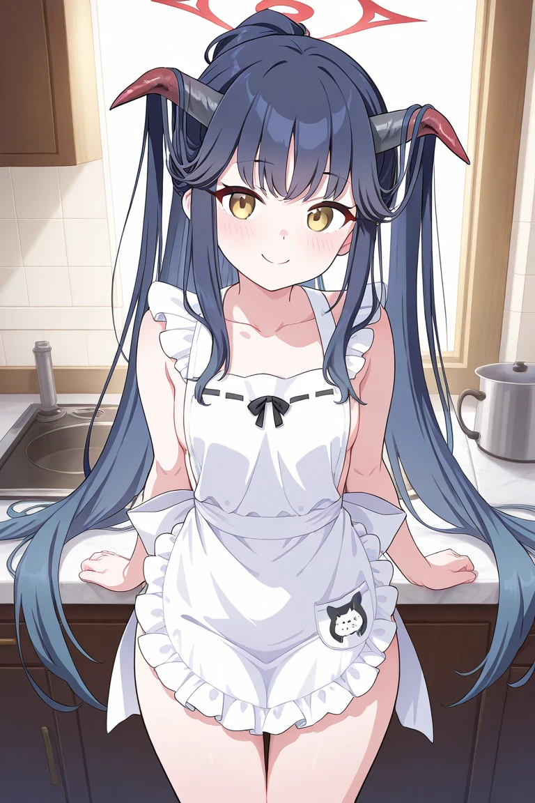 (fluffy anthro furry :1.6),(young :1.6),light blue fox girl,light blue long hair,wavy hair,small breasts,light blue fur,white naked apron,raffles,white stockings,cute pantie,shy face,shy smile,:o,full face blush,beautiful kitchen,armpits fur,
