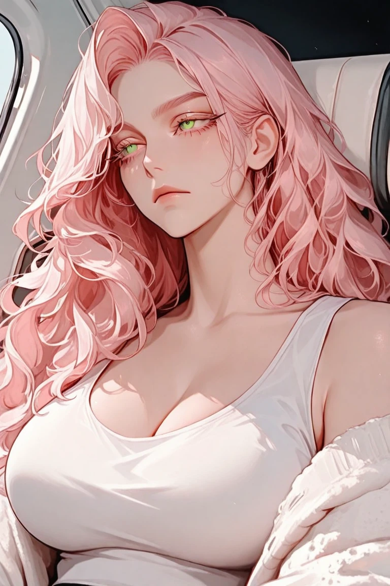 1womanl, beautiful woman, black greatcoat, white gown, ((intrikate)), dramatic lighting, detailded, work of art, long pink hair, female focus, mellow, bonitas, tall and beautiful guy, running his hand through his hair, sexy look, villain, offering a pink round box, suggestive look, ambiguous expression