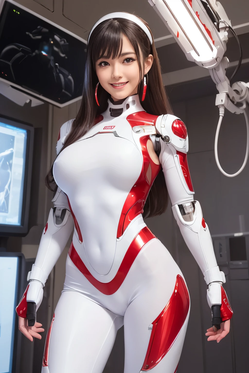(Highest quality, High resolution, masterpiece:1.2), Very detailed, Realistic:1.37, (Perfect Anatomy),1 person, actress, Cowboy Shot, A cute and beautiful Japanese woman, Very cute face, 28 years old,Transforming into a combat cyborg,Standing posture,Laughter,Beautiful Eyes,Beautiful Skin,Slender body,(Cool, futuristic, red cyber armor that fits tightly.), Attractive makeup,Long hair tied up in a bun，Battle pose,SSF,sci-fi,,The background is the interior of a cyborg operating room and a monitor screen....