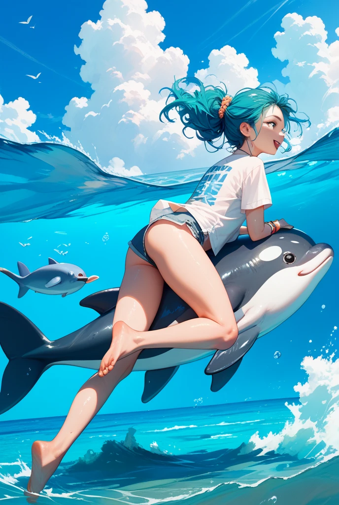 Dolphins swimming in the colorful ocean、Long light blue hair riding a dolphin、beautiful girl with twin tails、Inspired by Cyril Rolland, Beautiful artwork illustration, Colorful concept art, Cyril Rolland style, Very detailedな水彩画 8k, Very detailedな水彩画 8 K,Octane,end,Realistic,Clear lines, High Sharpness,Highest quality, Very detailed, Master Parts, Cinematic Lighting Effects, 4K