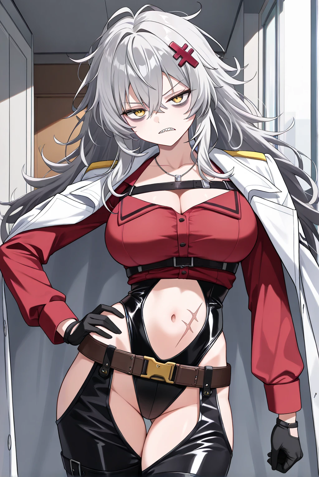long hair, solo , shirt ,pants , 1girl , necktie, red necktie, white hair, gloves, yellow eyes, belt , collared shirt, white_pants, leotard,, coat, open coat, ((abs))