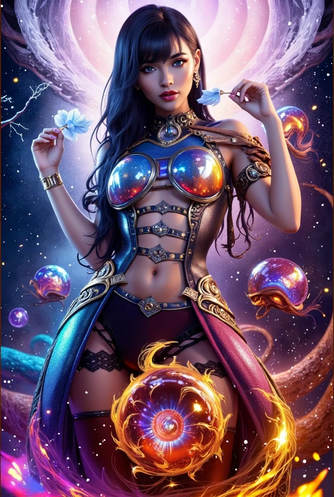 Beautiful woman, intricate hairstyle, curly hair, curls, beautiful chiseled figure, aesthetics of the female body, fractals, mandala, complex background, modern art, bright colors, explosion of colors, sexy pose, complex pose, steampunk elements