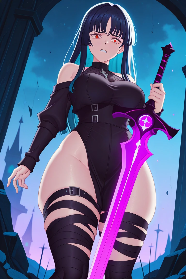 1 skinny girl, solo, light blue hair, (red and purple heterochromia), (red left eye and dark purple right eye:1.4), bending back, looking at viewer, BREAK, black plunging neckline short dress, dark yellow cropped jacket, black thighhighs, BREAK, (bouncing unaligned huge breasts:1.5), cleavage, very short torso, (inconceivably narrow waist), thin long legs, BREAK, holding a spear, BREAK, (show off crotch:1.4), desert, desert storm, strong wind, rocks at background