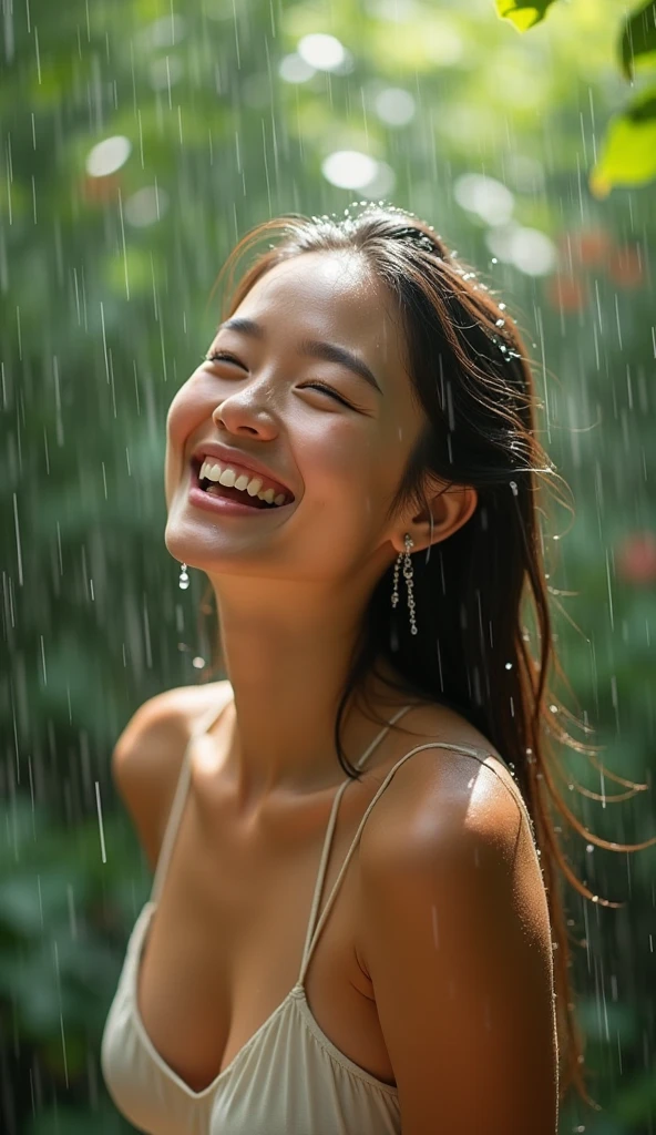[POV], long shot, Taiwanese beauty, wearing shorts, lying on the grass, barefoot, looking up, opening her arms, surprised expression, long black hair messy, rainwater splashing her face