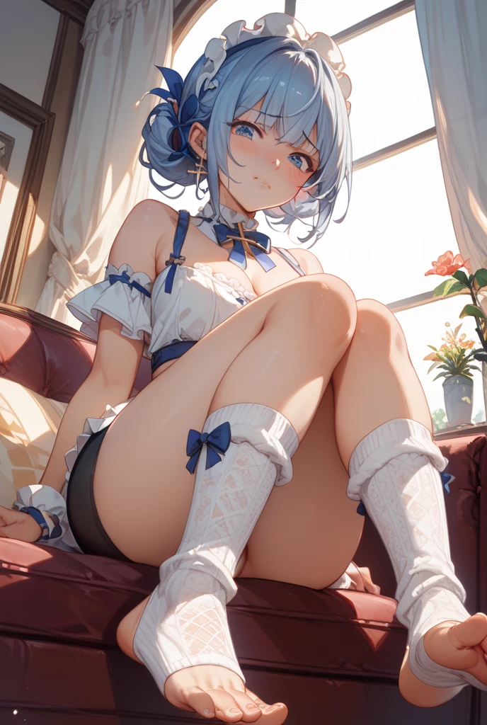 (masterpiece:1.8),(Highest quality:1.8),(Very detailed:1.8),(8K:1.8),(Ultra-fine Illustration:1.5),,,Straight low twintail,Flat Chest,Small Ass,(High-grade metallic silver,,lingerie:1.4),(Victory pose:1.5),Vintage sofa,,(Directly below angle), 
