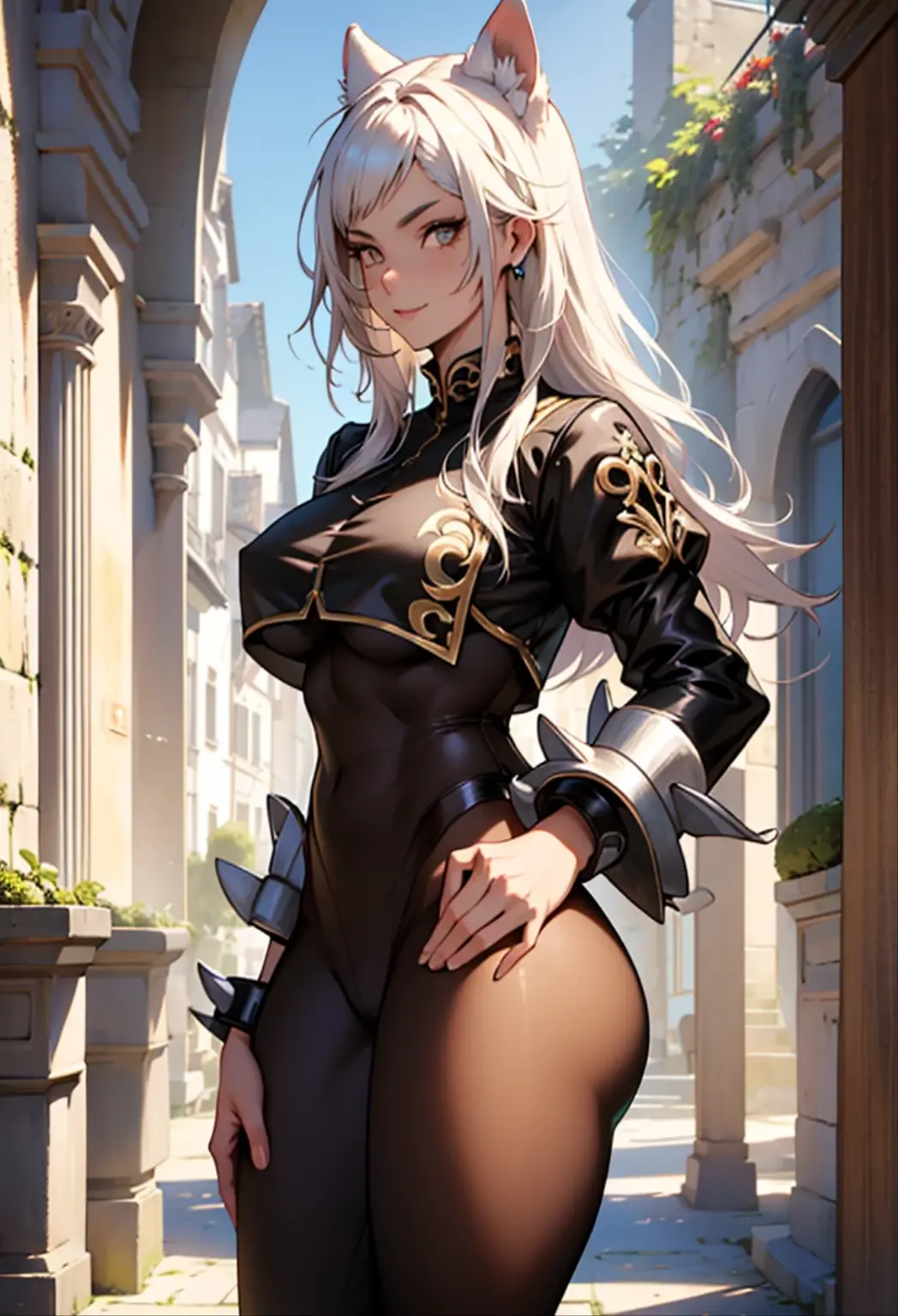 (masterpiece, hiquality: 1.1) 1girl full body standing good face, nice ass, hairstyle: braid, Color Hair: White long hair, Skin: White (porcelain skin, sparkly skin), muscular thighs, long legs, thigh high boots, mature woman, abs, looks at the viewer seductively, maternal, chest cover with clothes