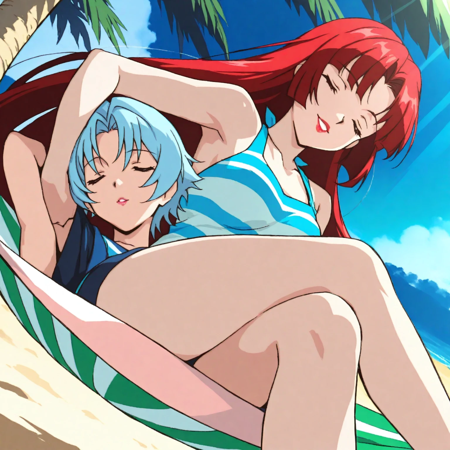 Highschool dxd, Xenovia, 1girl, (((bimbo))), short blue hair, yellow eyes, puffy lips, painted lips, thick lips, wide hips, thick thighs, huge ass, Smile face, bubble butt, camel toe, Breasts, green bikini, pool, Sun bathing
