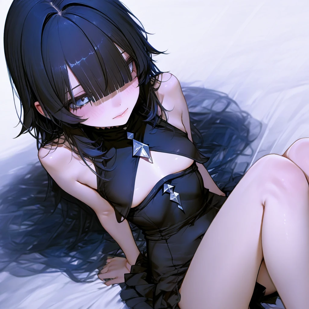 full body, 1 girl, black hair, shoulder length hair, black eyes, small breasts, detailed background, highres, highly detailed face, Detailed eyes, good proportions, royalty, domination loss, pained expression, bruises, fallen down, held on floor, inconspicuous drop of blood,