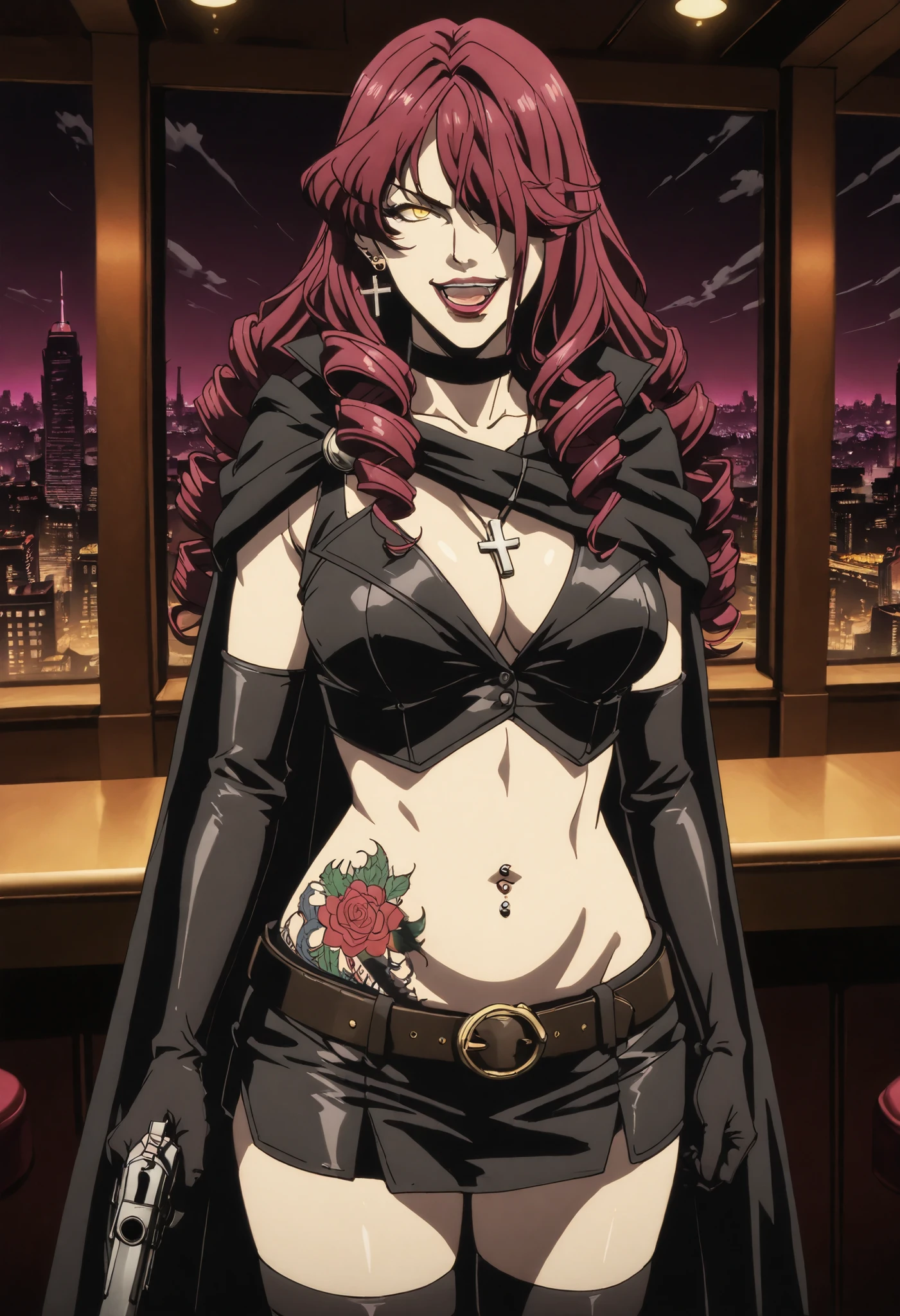 ultra realistic 8k cg, masterpiece, ((ultra detailed background, delicate pattern, intricate detail)), (highly detailed, fine details), best quality, 1girl, (photorealistic:1.4),beautiful lighting, absurdres, RAW photo, film grain, ((medium breasts, slim girl)), Vanessa, 1girl, long hair, solo, cleavage, pink hair, earrings, purple eyes, smile, hat, witch hat, medium breasts, choker, gloves, witch, (complex detailed background, medieval tavern environment, cowboy shot), <lora:BeautifulDetailedEyes:0.4>, <lora:DetailTweaker:0.5>, <lora:Vanessa10:0.8>