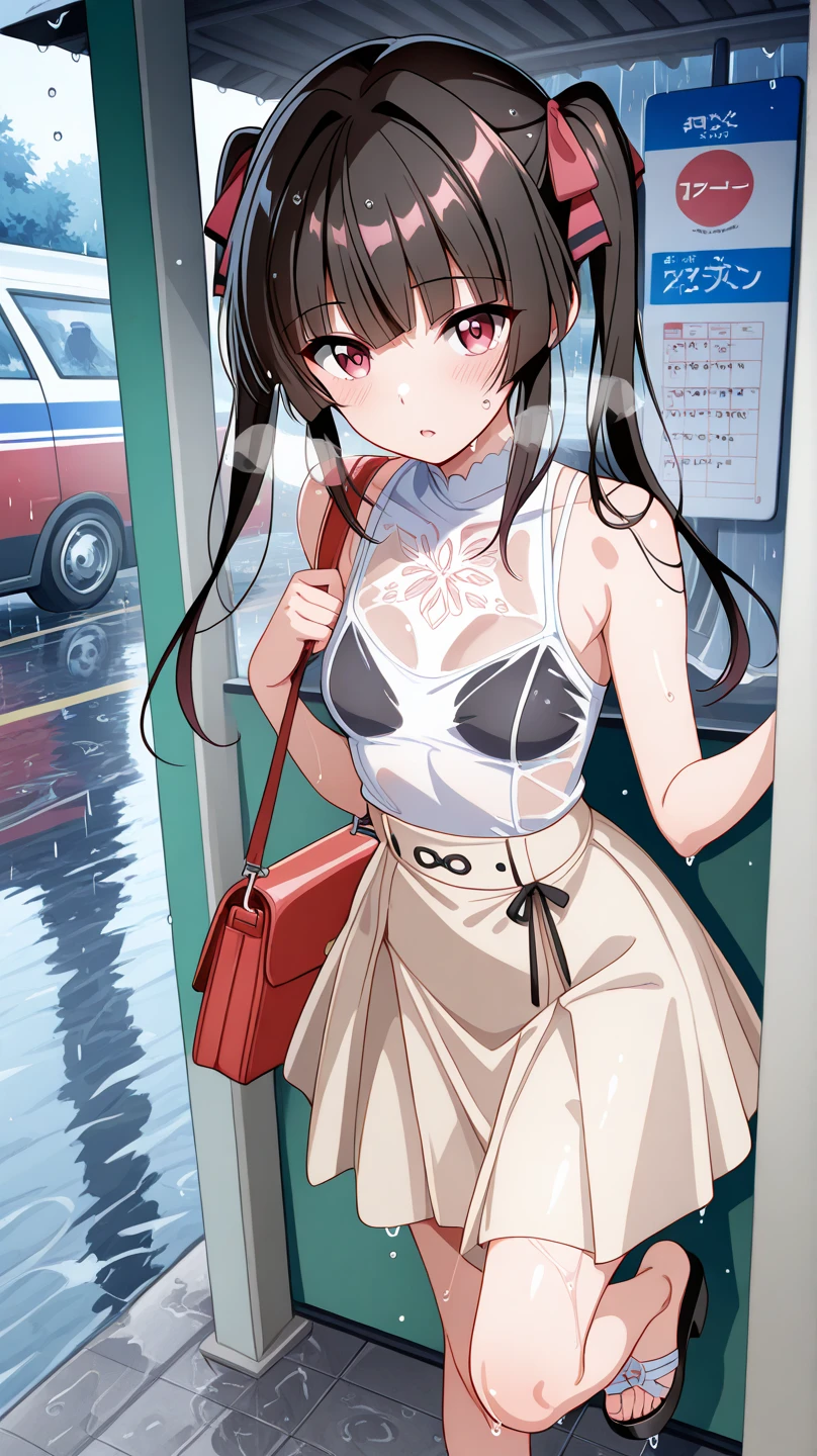 Highly detailed CG Unity 8K wallpaper, highest quality, Super detailed, masterpiece, realistic, photo realistic, Highly detailed cute girl, 20-year-old, angry face、A look of contempt、(((スカートをlift it yourself))), (lift it yourself), panties , panties focus, blush, parted lips, looking at the viewer , half body shot , (crowd), (crowded parking lot) , hair above one eye