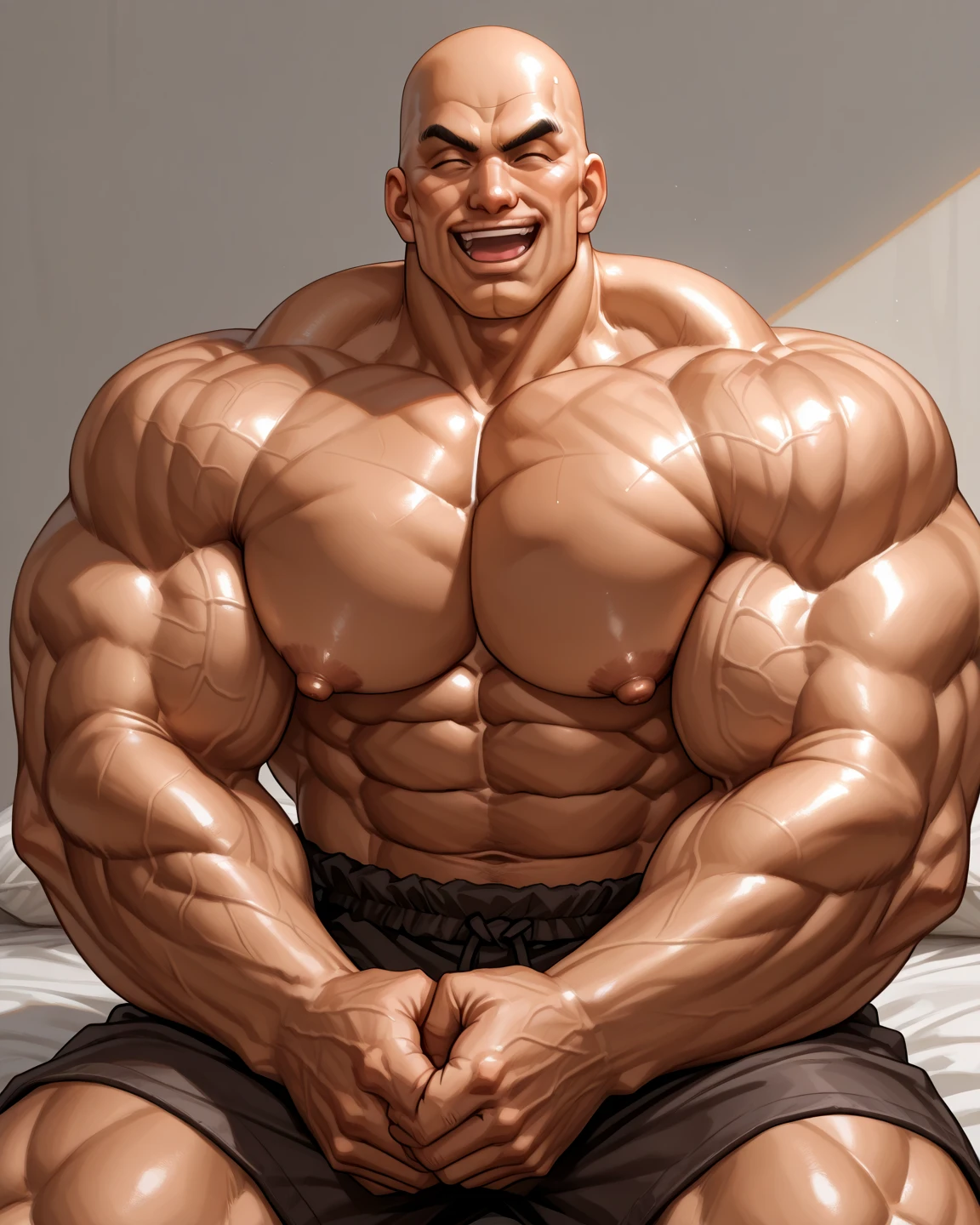 huge muscular old man, shorts, absurd muscle size, bald