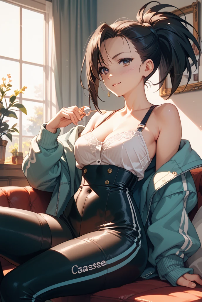 girl sitting on the bed, wearing an oversized jacket and a high top, very anime painting, art by cushart krenz, wlop, sakimichan, rossdrawn, inspired by made in abyss, anatomically correct, extremely coherent, drawing shadow, sharp focus, high details