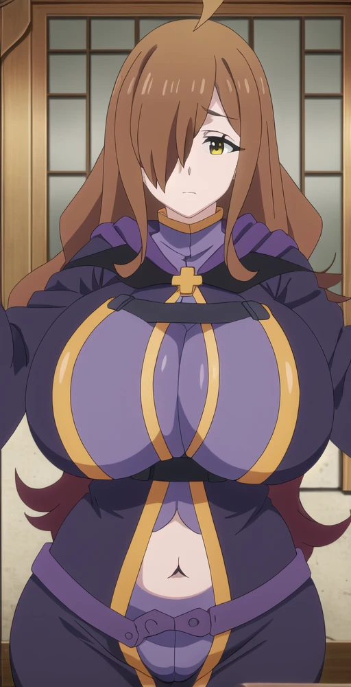 MILLIANNA, brown hair, brown hair, facial mark, whisker markings, cat ears, , cape, elbow gloves,  thighhighs, collar (or choker), bell, , boots, cat tail, 1girl, solo, facing viewer, looking at viewer, upper body, smile, huge breast, wide hips, thicc,full body, refsheet,tunic, pullover pants,curvy, full body, boots,