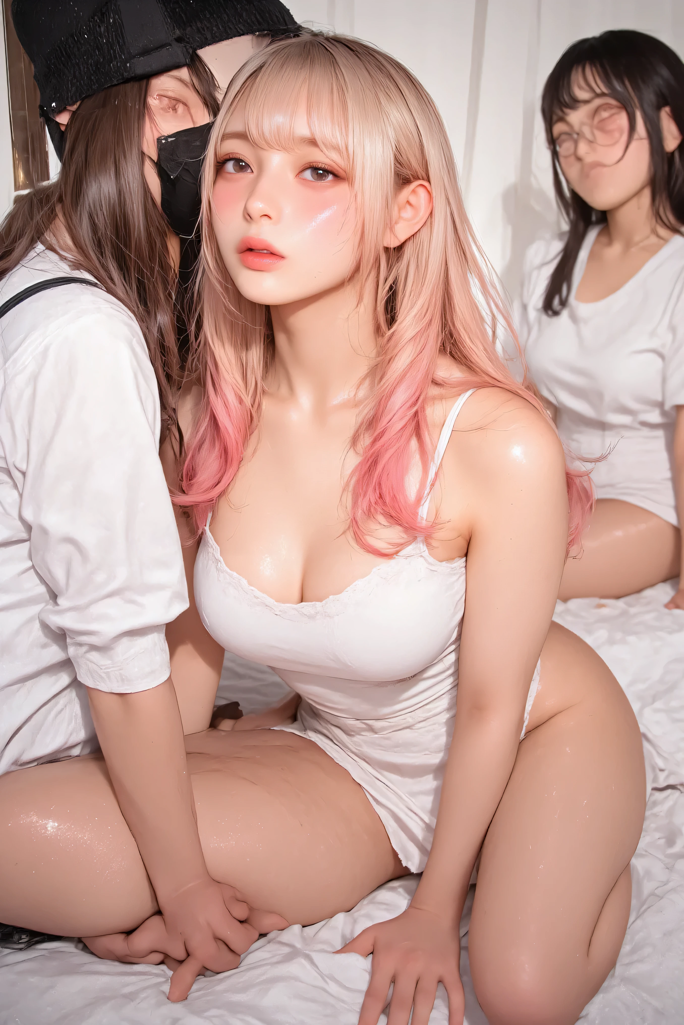 (1 beautiful girl:1.1), (pink curly hair:1.2), (sobbing:1.3), (blush:1.3), (trembling:1.3), half-open eyes, open mouth, small breasts,pregnant, (cum on body:1.3), (sweating), (hydrated skin),(white princess dress:1.2), (spread legs), (lying on back), (lying on ground), (in ghost town), (gangbang:1.4), (2 guy), large penis, (vaginal sex:1.1), (excessive cum in pussy:1.3), nsfw