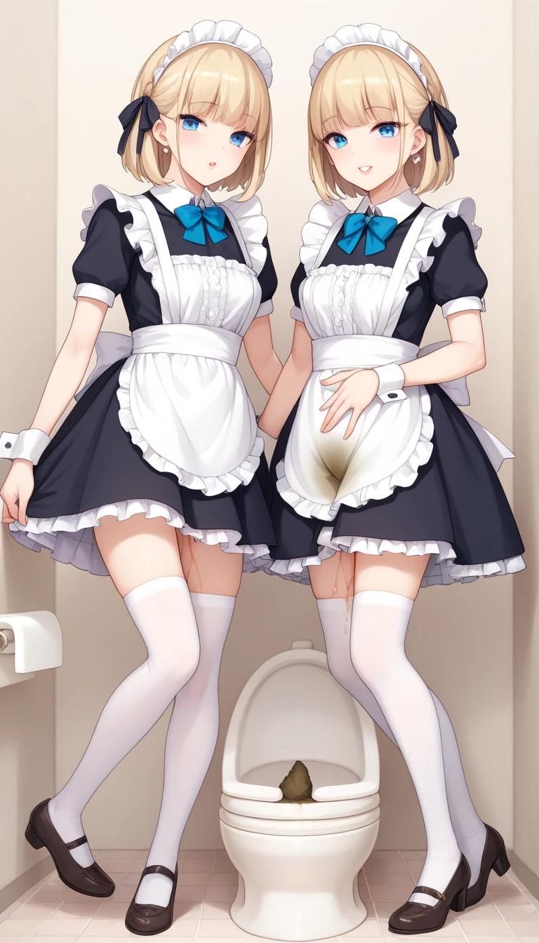 highest quality, masterpiece,((14years old:1.5)), ((2 girls:1.5)), ((smile:1.3)), (blush:1.3), Black Shirt, blouse, ((fun!!)), (Small breasts), Blonde, (Long sleeve), ((White apron:1.5)), ((Maid)), ((hair ornaments)), Kamimei, look at me, ((in house:1.5)), Taking a break from watching the audience, Cowboy Shot, (skirtlift:1.3), (Highly detailed pink striped panties:1.3), (Highly detailed panties:1.3), (skirt that rolls up:1.3), (Panties fully exposed:1.5), Light blue eyes, long hair, Glowing Eyes