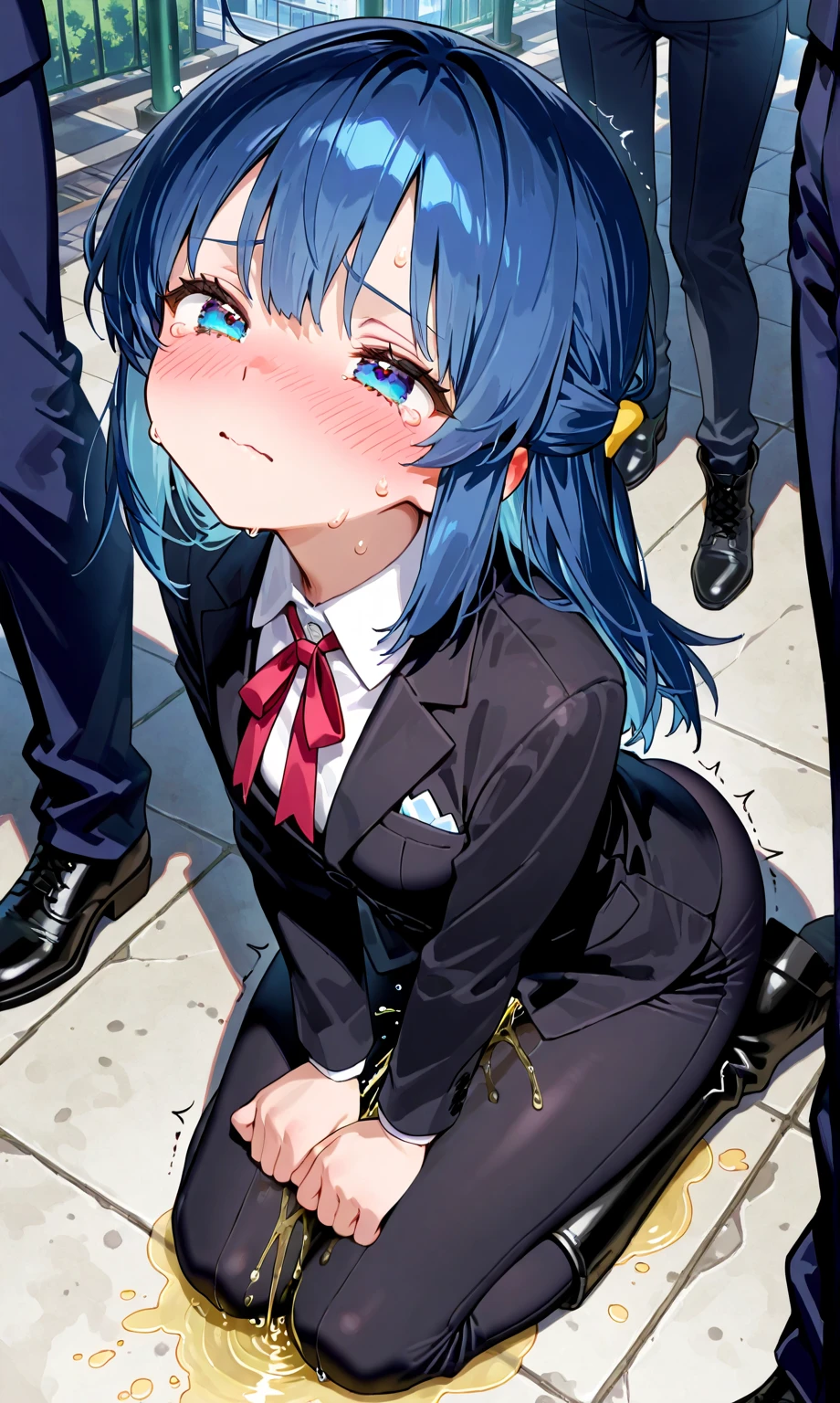 masterpiece,In detail, quality,(masterpiece:1.2), (Anime:1.2), (best quality), (Detailed skin:1.3), 21 years old,(change:1.2),AKB48,Nogizaka46,young,(Small breasts:1.3),Perfect Fingers,Flat Chest,Teenage Girl,(Black Blazer:1.4),( White blouse:1.2),(ribbon:1.2),(Red pleated skirt:1.2),Blue Hair,Delicate and voluminous,(classroom:1.2)、frontage、Lesbians all over、White socks,high school,mechanical,Chair,(Sitting on the floor:1.2),(seiza:1.4),,(skinny:1.2),beautiful girl,AKB48,Nogizaka46,(Braided short ponytail:1.2),be scared,(Place your arms behind your back:1.7),,( inhibition:1.8),(bondage:1.8),(BDSM:1.8),(Metal collar:1.5),(Black blindfold:1.7),(Lament:1.0),(★Looking up at the audience:1.2),,(From above:1.4),,(The cake fell on the floor:1.8),