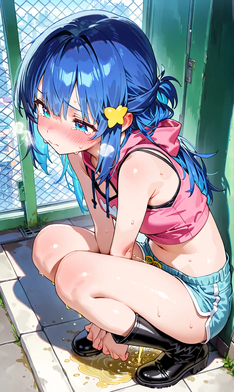 masterpiece, high quality, highres, absurdres, ultra-detailed, 8k, 1girl, platinum grey hair, blue hair, multicolored hair, gradient hair, looking at viewer, colorful eyes, (pink and white panties),  colorful hoodie, full body shot, angle from below, (graffiti murals wall background:1.15), brilliant colorful paintings, bloom, portrait, cross hair ornament, against wall, bangs, shadow, reflection