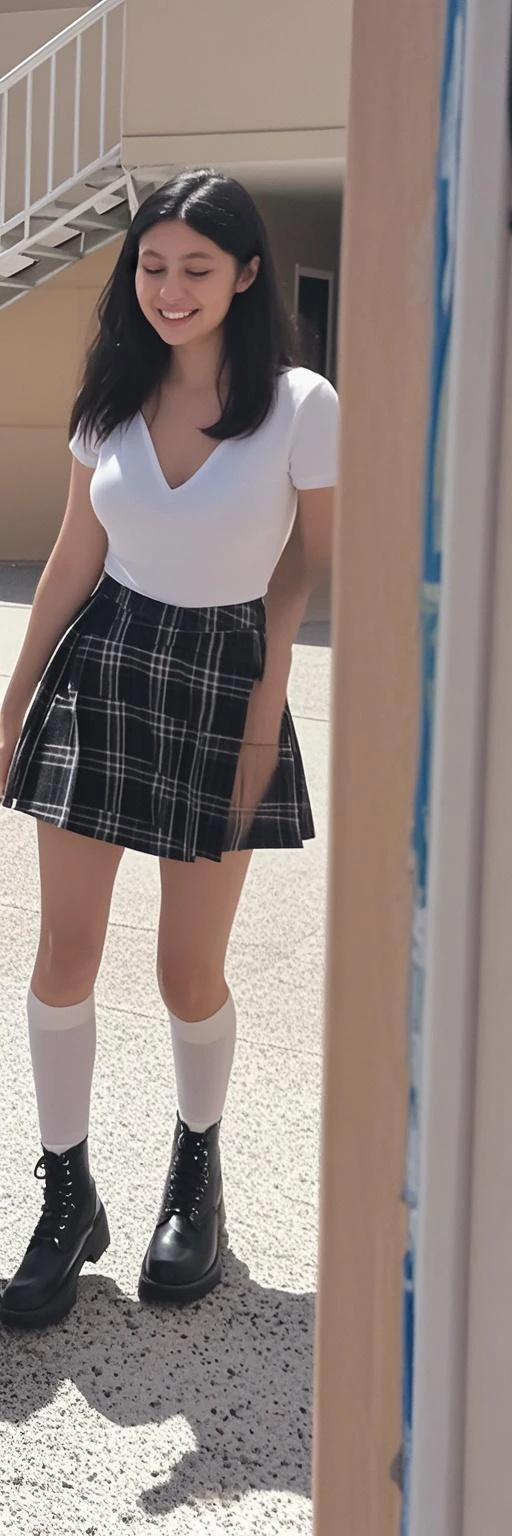 1 woman, 15 year old woman, , medium breasts, medium ass, little thick legs, tall woman, White skin, short black hair, standing, looking at the viewer, Short skirt, on the street, White shirt, blue plaid skirt
