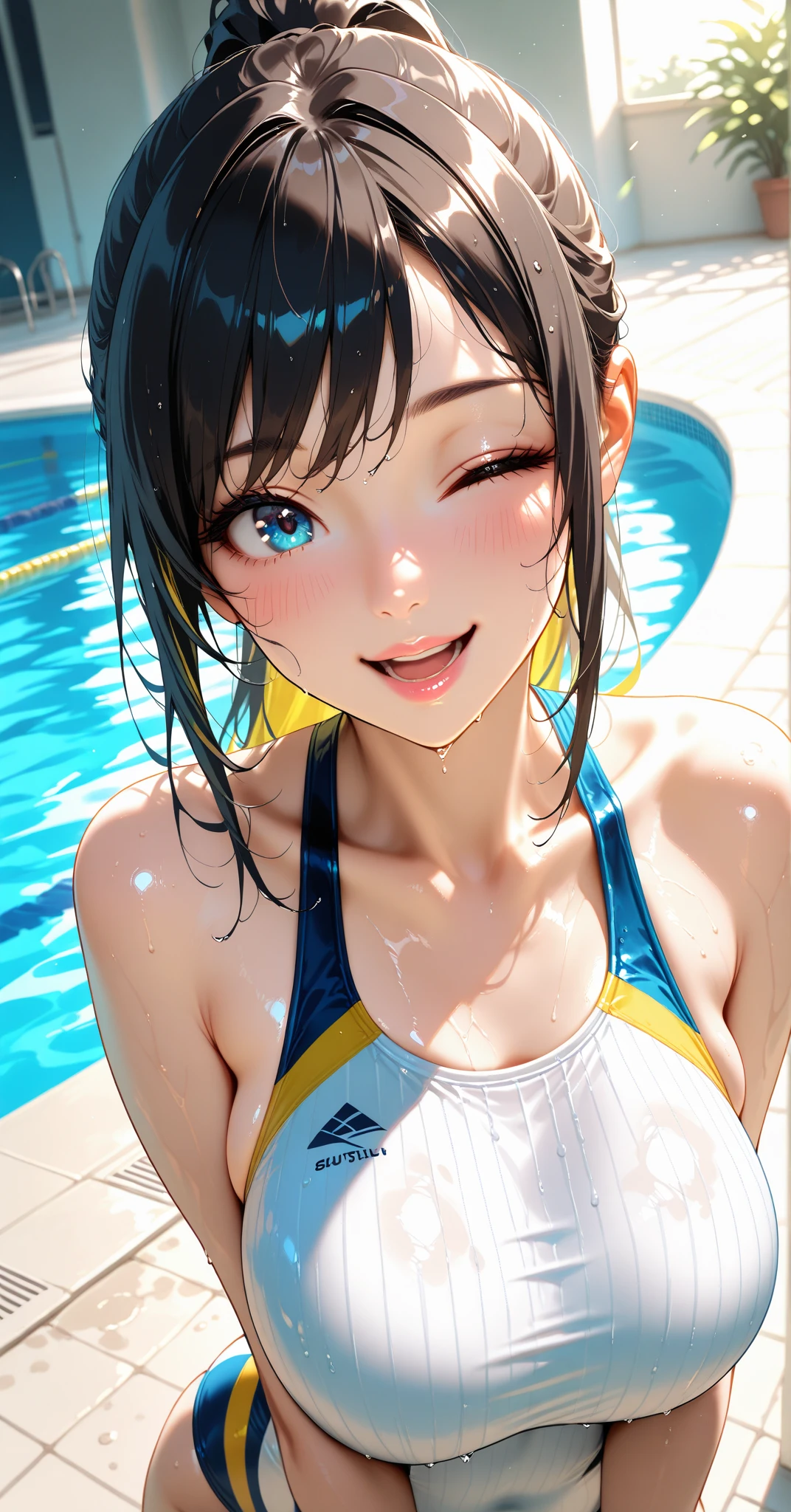 ((masterpiece、top-quality:1.5、a high chroma:1.5、ultra-detailliert、high-resolution illustrations:1.5、Ultra-high-definition CG、8k size wallpaper、offcial art))、((from above:1.8)),(1woman,),(cute face:1.5,cute eyes:1.5)、((face:1.5)),((close to viewer:1.8,face only:1.5)),((Close to the viewer:1.8、only face:1.5))、
(forced smile:1.3)、(sexy body),(on back),(competition swimsuit:1.5)、,(multicolored hair:1.5), (large breasts:1.5)、(Portrait:1.8),(portrait:1.8),(curvy:1.3)、(Portrait:1.8)
,(Shining amber eyes:1.5),(midsummer outdoor pool:1.5)、(upper body)、