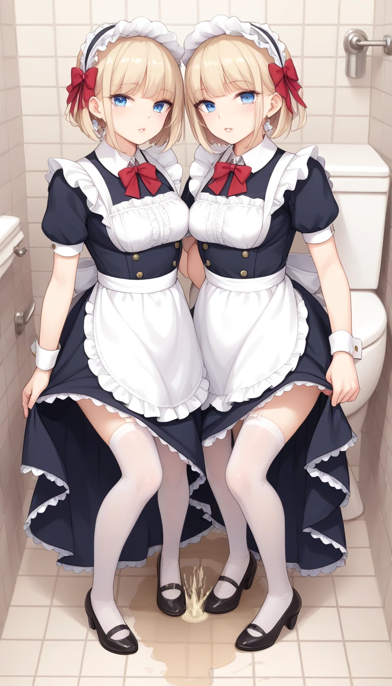 ((2 girls))、((smile))、blush、black shirt、blouse、((fun))、(small breasts)、Chirarism、black hair、(single braid)、((white apron:1.5))、((maid))、((hair ornaments)), thighs, 壊す in house, ((in house:1.5))、 BREAK looking at viewer、torn skirt,(grab the skirt:1.0)、 (perfect hands, perfect anatomy),cowboy shot、((shaved pussy:1.5))、(skirt that rolls up:1.3)、(Highly detailed labia fully exposed:1.5)、(Photo seen from below:1.3)、skirtlift