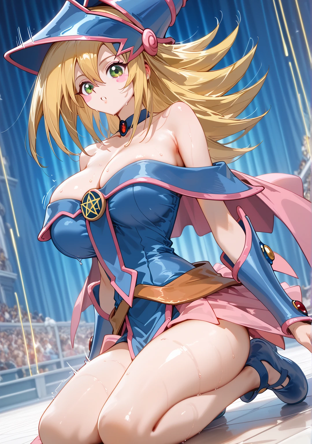 (Obra maestra:1.2), (La mejor calidad:1.2), Perfect lighting, Chica Maga Oscura, touching her and  a heart with her fingers, flotando en el aire, tetas grandes, escote, fondo de magia. Corazones transparente en el hambiente, blue robe, sombrero grande, desde arriba, Destellos de magia