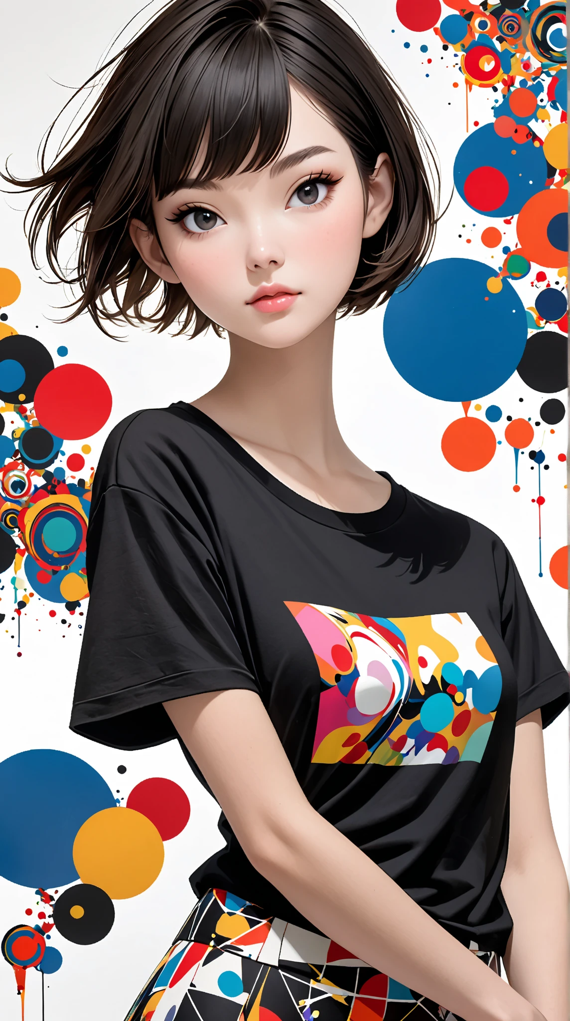 A curly-haired brunette girl in a red t-shirt with red opal print in front of a red opal