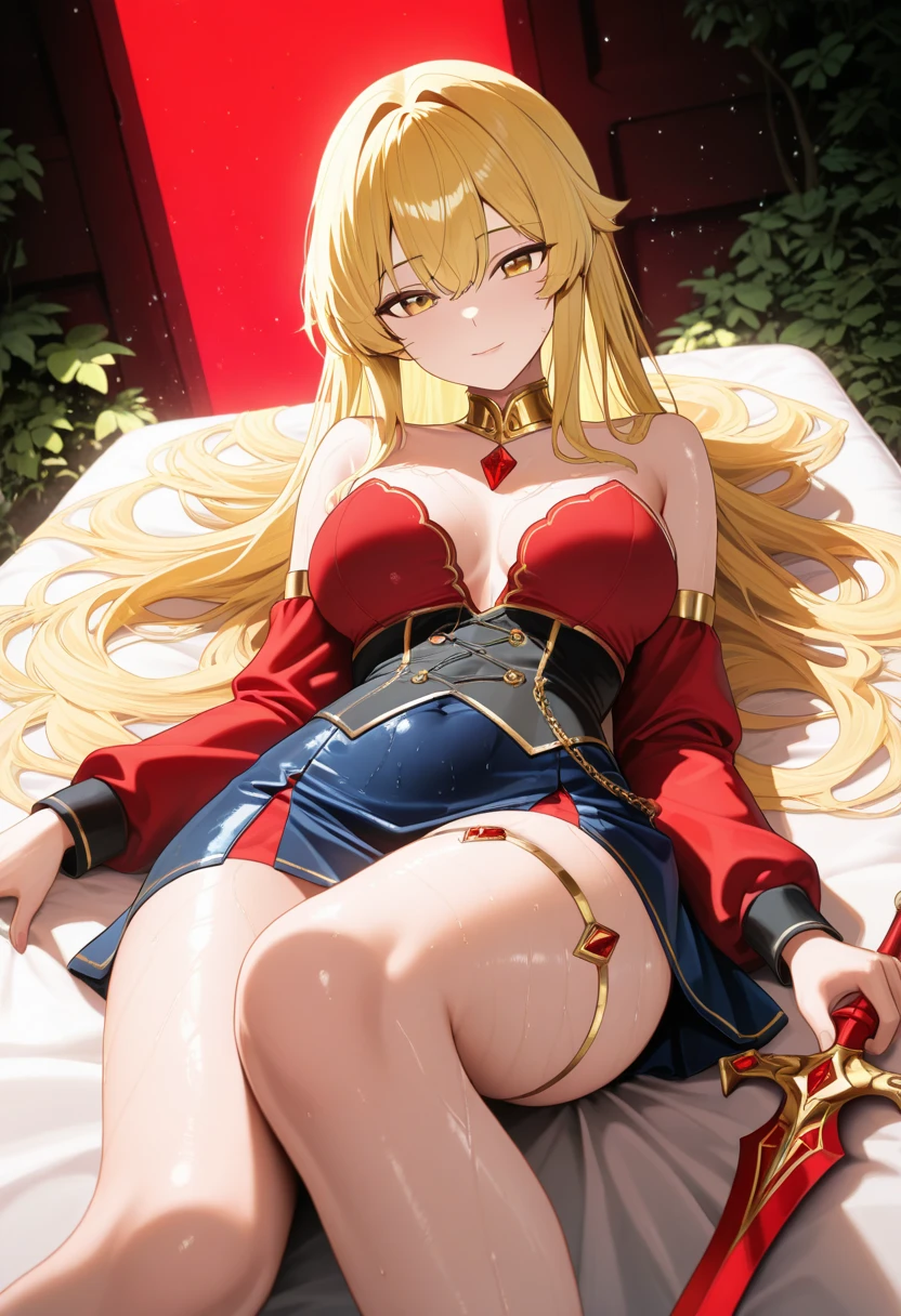 (very close up) (1girl) (adult woman) (topless:1.1) (elaborate beautiful red gold dress:1.2) (ruby red chains on wrists) (arms spread:1.4) (arms chained to bedposts:1.4) (girl looking at viewer intently) (ruby red halo) red rose choker, night, dark cozy bedroom, Good lighting, Shadows in the movies, very large breasts, thin waist, Long HAIR, (blonde hair), original HAIR style, Dynamic Angle, (detailed face:1.3) (dynamic lighting:1.5), (orgasm), (horny look:1.4) (ruby red eyes glowing with power:1.5) (ruby red leaf bracers on arms) (ruby red leaf hair piece) (elaborate ruby necklace) (red roses on bed:1.3) (red roses in hair) (stunning beautiful red eyes)