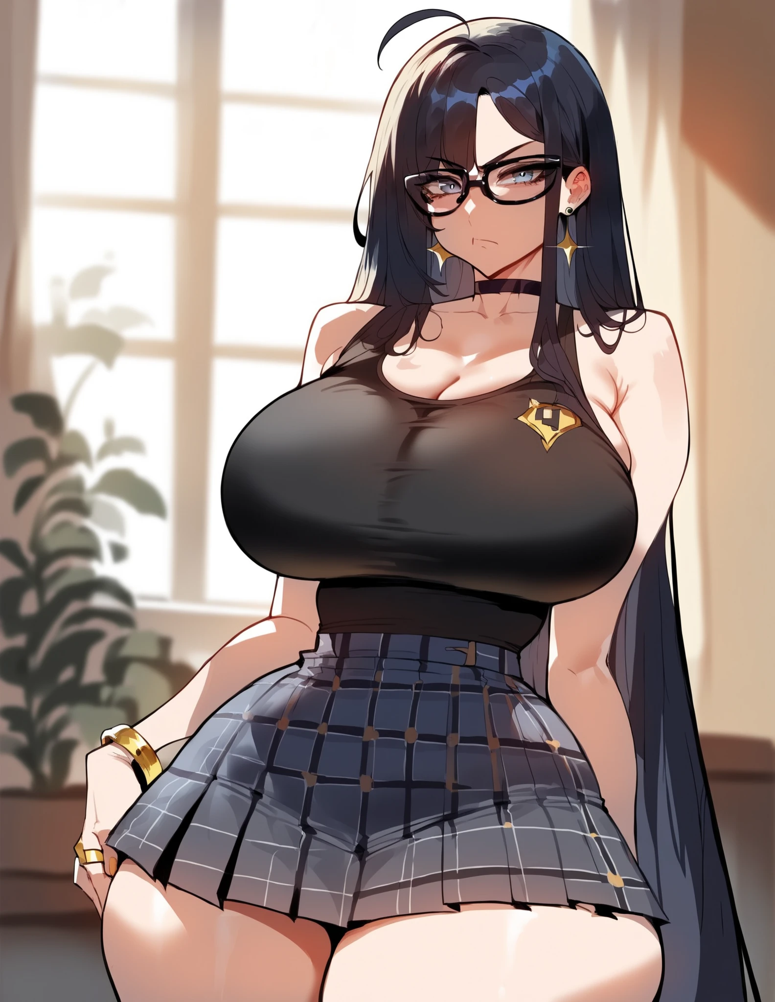 ((masterpiece:1.4)), ((highest quality:1.4)), ((masterpiece)), ((highest quality)), ((Intricate and detailed:1.4)), ((Super detailed)), Absurd resolution, perspective, dynamic, Very detailed, Bokeh, 8k,Official Art,Very detailed CG ユニティ 8k 壁紙, Cinema Lighting, Rim Light, Dim lighting, Ambient Lighting, One girl,17 year old female,Mature Woman, Best Shadow,Detailed white skin texture, Beautiful face in every detail, One girl,alone,View Viewer, Shiny skin,Charm,Beautiful detailed long black hair,(Blunt bangs:1.3), "blue eyes", compensate, Thick eyelashes, eye shadow, Beautiful Eyes, Hyper Detail, Super detailedな目, blush,Sharp eyes, Lips closed, ((Huge breasts:1.4)), Symmetrical breasts, ((Edge Quality,blouseを着た女性,and a short leather skirt:1.3))((Wearing EDGCT,blouse:1.4)),((Nipples showing through white shirt)),(Long nipples),((emerald brooch|Puffy sleeves|Frills:1.4))|((Shirt buttons:1.2)), ((Waist belt, Black leather short hot pants combo garter belt, stockings)),((Curved body,Slim waist,Wide Hips,Thighs)), Fits perfectly to the skin, Leg gap, 美しいThighs, Beautiful legs, Long legs, (Perfect hands), (Wear glasses:1.3), indoor ((Against the backdrop of a medieval aristocratic mansion,playful nature:1.4))(Blurred Background:1.2), Detailed Background, ((Cozy atmosphere:1.3)), Thighs, ((Are standing)(Are standing:1.2)), (Purelos Face_v1), Edge Hime cut, ((From the side)),Low - Angle,Tall Woman,Shiny skin, (Huge breasts: 1.5),((orgasm,blush,Ahegao,saliva,saliva trail:1.1)), ((Sweat a lot)),Pussy juice,