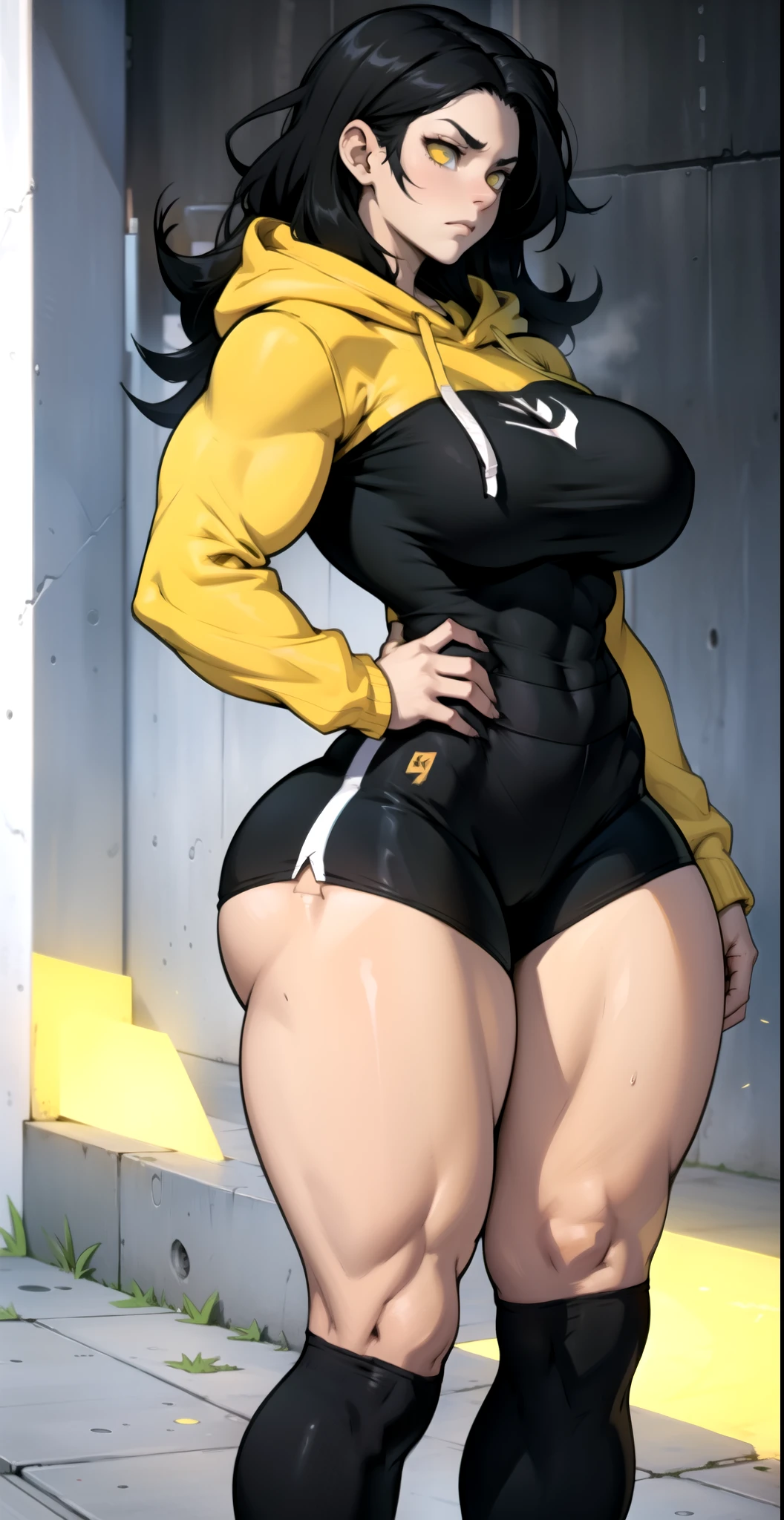 Close up pale skin solo 1 girl black hair yellow angry eyes (cabelos muito longos suados) atmosfera escura (peitos enormes fisiculturista corpo tonificado musculoso) Camisa preta apertada (curvas) tight yellow pants (Coxas grossas) Wide Hips Veins Cheeks Peach ( na academia)