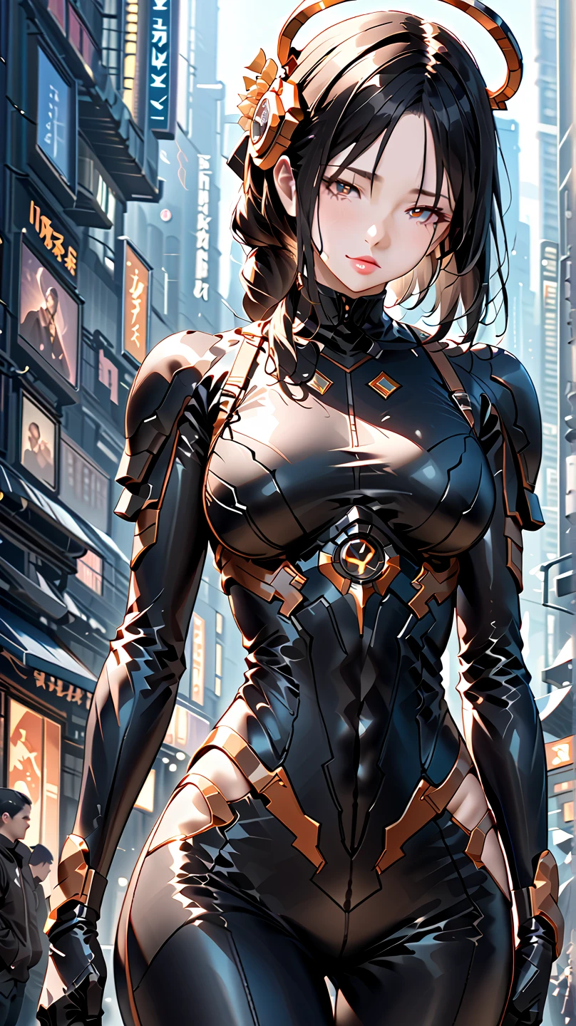 (1girl in)、(Plump beauty)、(Black hair)、(30-years old)、(Top image quality)、(8K picture quality)、(cyberpunked)、(masutepiece)、 (Flickering of light)、(Wear a cyberpunk military uniform)、cinematric light, Cinema Shadow, Sharp Image, Extremely detailed, Volumetric, Bright sprites, particles effect, beautiful effects, Vivid colors, neons, Neon light, Highly detailed image textures, detailed hairs, Detailed eyes, city、Dark hair、Eyes glow、(Yellow aura emanating from clothes:1.5)、Photo from the knee up、