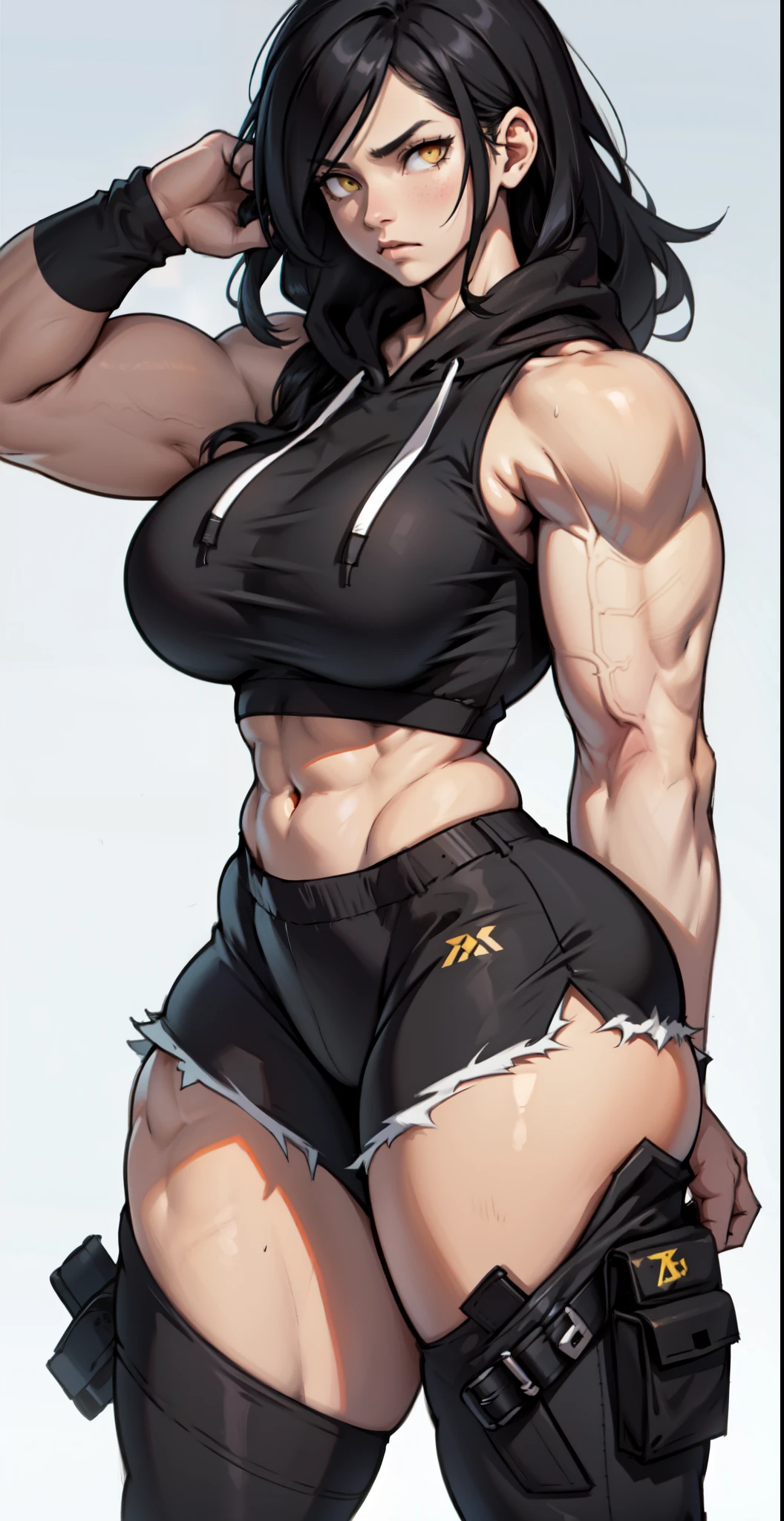 wide hips curvy thick thighs voluptuous huge breasts muscular girl toned body bodybuilder black hair pale skin yellow eyes skintight expressionless sad girl sad girl
