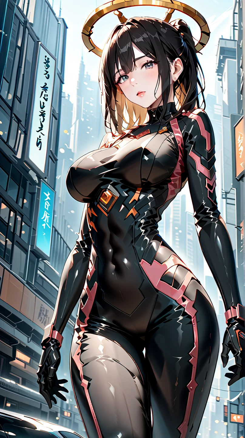 masterpiece, extreme, 1girl, mid-chested, ((album cover)), lithe, skinny, exoskeleton, metal gear, cyberpunk style, ponytail, gundam