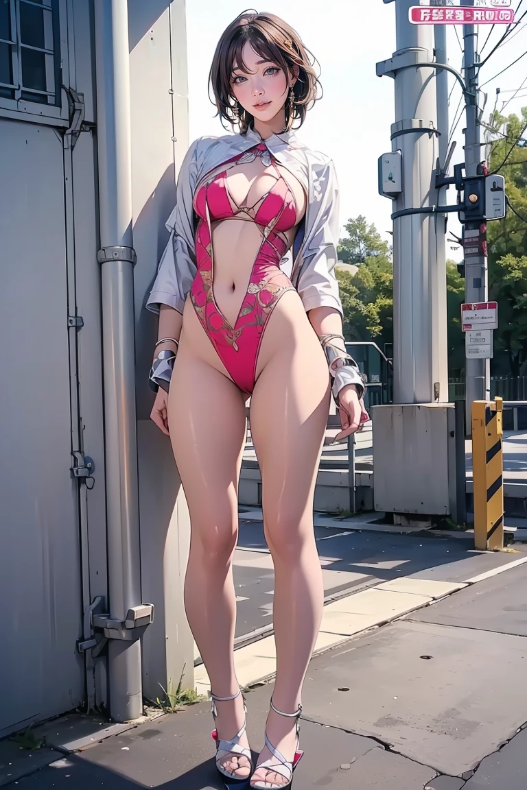 masterpiece, best quality, highres, (photorealistic:1.4), earrings, (depth of field:1.8), beautiful Korean girl, thigh gap, 1 girl, long hair, ponytail, (solo:1.1), red, (slit skirt curtain:1.5),(halter neck t-shirt), shinobi, ninja, bare shoulder, elbow gloves,  (looking at viewer:1.2), (smile:1.2), (full body:1.), (in the city:1.5), medium breast,  (pureerosface_v1:0.5),