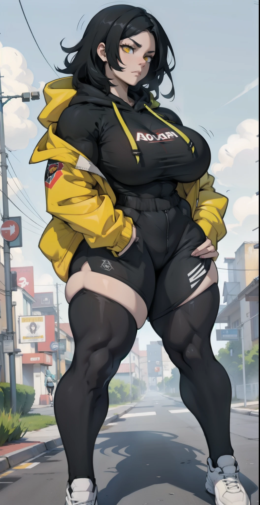 ((grey background)) pale skin black hair yellow eyes (very long hair) angry ((1 girl muscular toned body bodybuilder curvy wide hips thick thighs)) (solo full body) standing (long sleeves leotard)