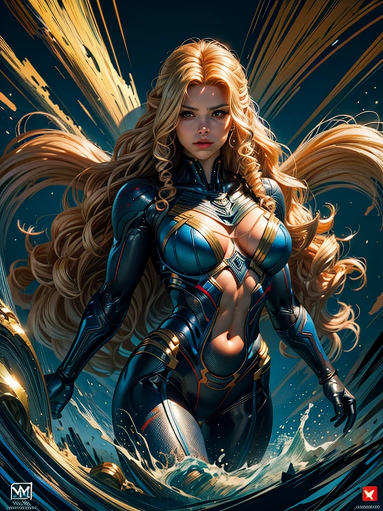 Avril Lavigne (1 girl) with (glowing blue eyes with lens flare in her eyes), a stunning face, wearing gold Armor like those from Zodiac Knights cartoon, perfect breasts, well-endowed, 8-pack abs, muscular legs, perky glutes, round glutes, muscular glutes, feminine, very large breasts, perfect body, perfect proportions, feminine and muscular, bodybuilder physique, armor is very shiny and creates light reflections and lens flares, the armor is made of glossy futuristic plastic, fireball lighting her face, bright fire eyes, hot fire goddess, she has fire powers,fire eyes, with fire, firey, masterpiece, best quality, ultra-detailed, very detailed illustrations, extremely detailed, intricate details, highres, super complex details, floating over the ocean in the evening, complete body in view, full-length shot, full shot