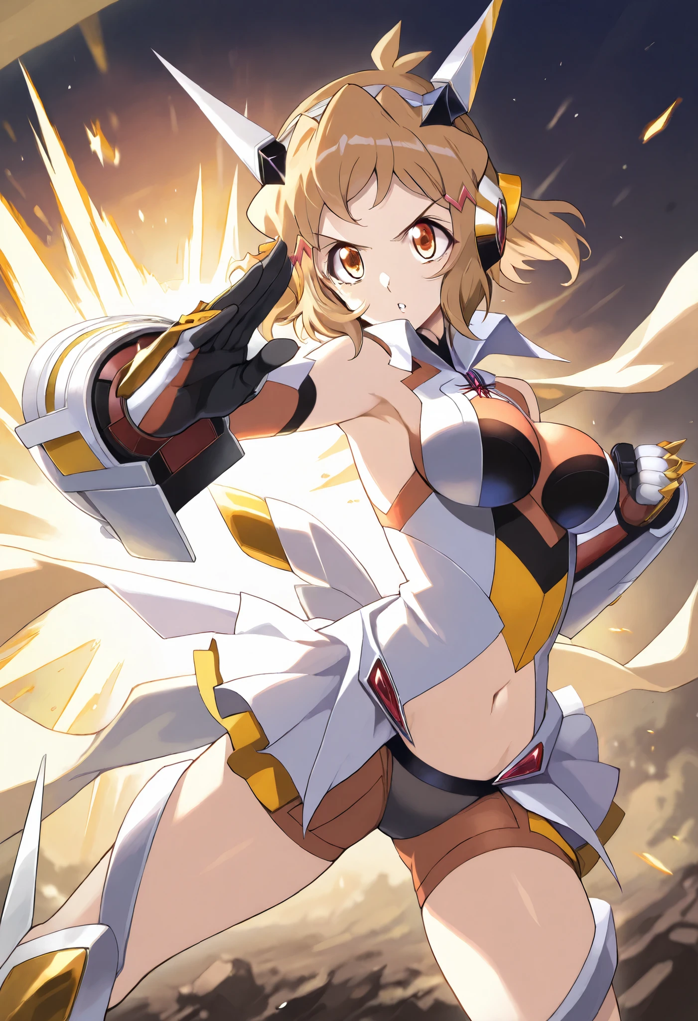 XLV6_ score, source_Anime, masterpiece, masterpiece, best quality, ultra-detailed, 8k, high resolution, best quality, very detailed, PERFECTIVE ANATOMY, great quality, score_9, score_8_up, score_7_up, BREAK ExpressiveH, souce_explicit, BREAK , 1 girl only, tachibana hibiki (symphogear), Short hair, brown hair, headgear, scarf, medium breasts, headphones, gloves, gauntlets, bodysuit, bare shoulders, hair ornament, navel cutout, dynamic posing, armor, Special move, A powerful blow,