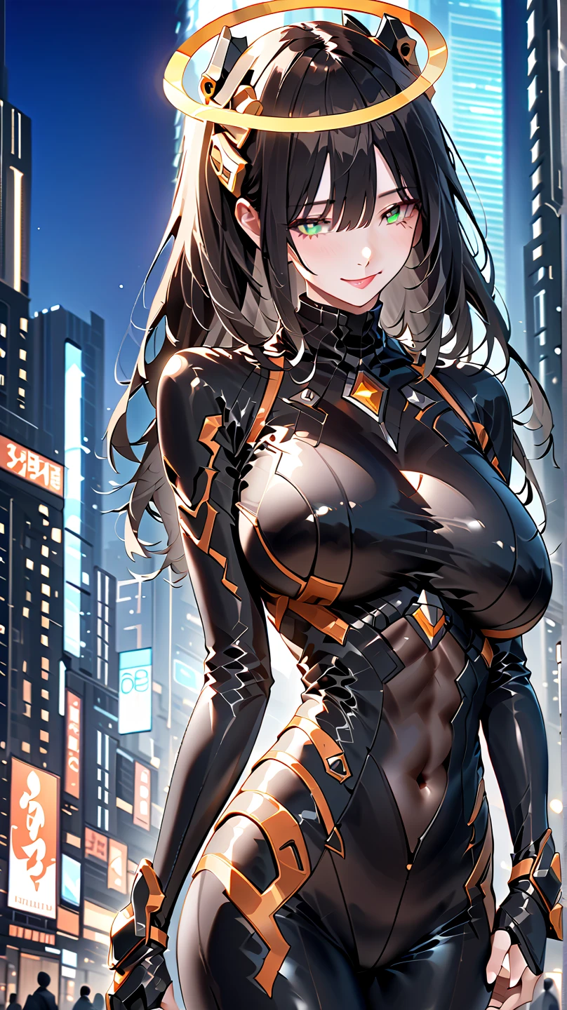 top-quality、Full limbs、complete fingers、one beautiful women、Beautiful busty woman、Women with straight hair、((Woman with dark hair))、A big smile、Complex mechanical bodysuit、Navy blue and black bodysuit、full armor、night skyscraper