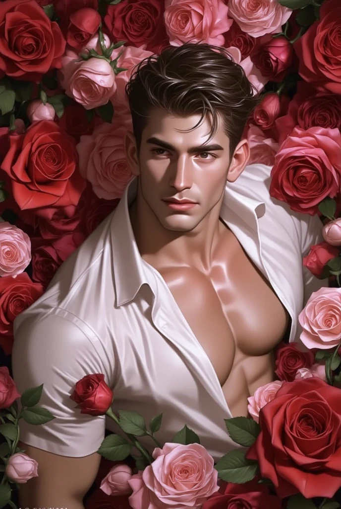 (absurdres, highres, ultra detailed), 1 male, beautiful, handsome, tall muscular guy, smooth skin, sexy gaze, mature, verious red and pink roses around him, the man is standing comfortably in the roses, from directly above, gorgeous, wet, model pose, colorful, artistic, depth of field, focus on his calm facial features, elegant look, looking at the viewers romantically, shirtless, bare body, wearing black flirty touch underwear, tattooed chest, full body tattoos,