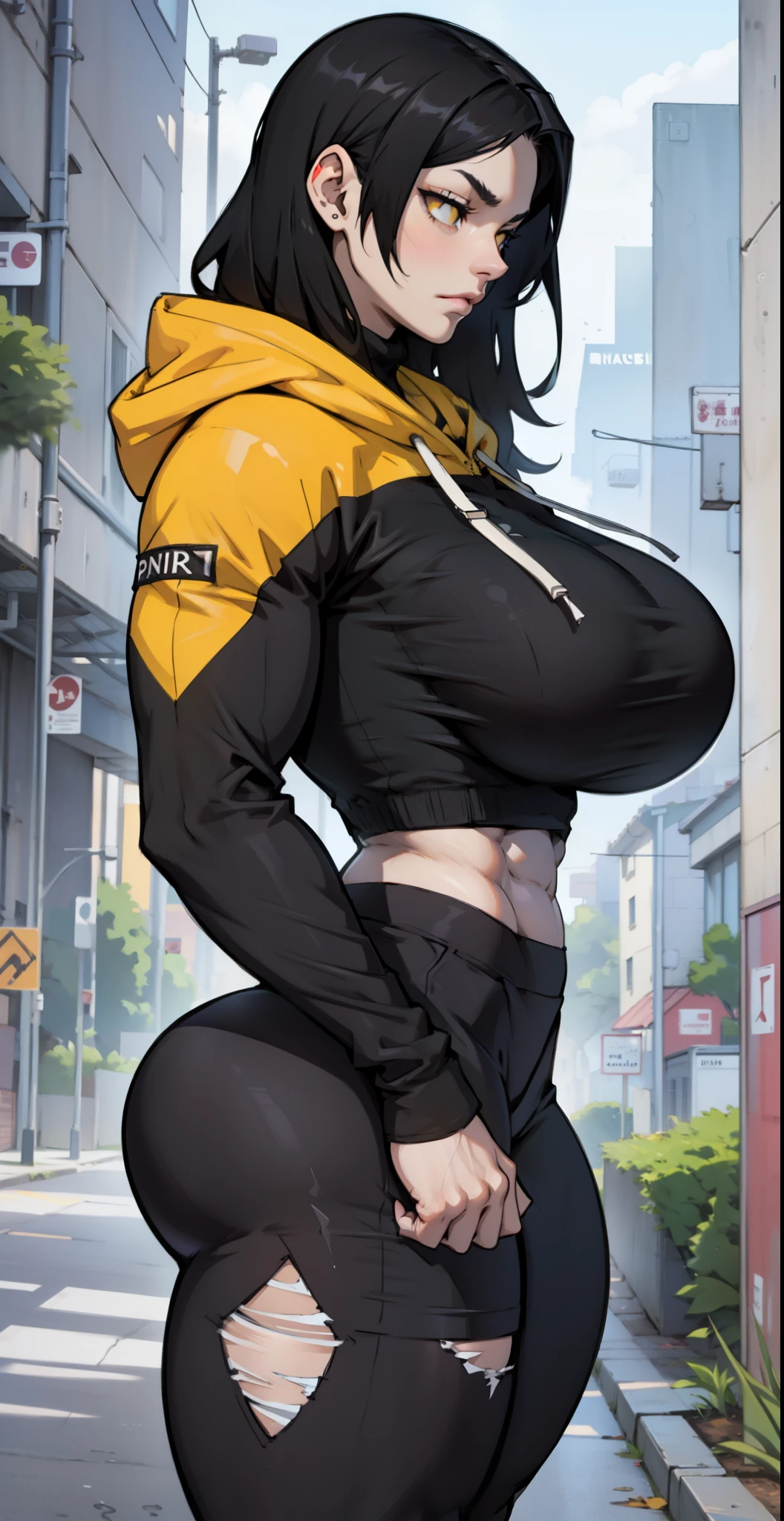 Young girl, black bob haircut, yellow eyes, Detroit city, rain falling. 4k, masterpiece, HD ((perfect hands)) ((thicc)) hoodie ((huge tits)) ((gloves)) pussy nipples