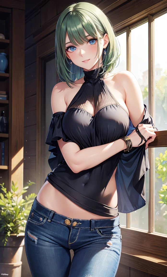 Very beautiful and adorable 30 years old, the most beautiful adult in the world, , ((natural style short green hair, voluminous side bangs)), double eyelids, light eyes, blue eyes, detailed eyes, hyper detailed, effect with clear eyes, detailed iris , shadow, Thick Eyelashes, with incredible  and perfect waist, and a beautiful feminine body, ((long sleeve strapless blouse, jeans, Cute gesture, cool clothes, detailed outer bottom, stylish and cool)), perfect , beautiful makeup, cleavage, (((artwork:1.2, Highest quality:1.2, Perfect Lighting, masterpiece, hyper detailed, best quality, 16k, light and shadow effect on skin, vivid colors)), eyeliner, passionate expression, perfect lips, innocent and  face, shy smile, ((skin with light and shadow)), beautifully , she is beautiful, Curvy but slender body, perfect eyes, perfect face,  pose,  with the viewer , in variable sensual pose, in clothing store, beautifully , full body shot