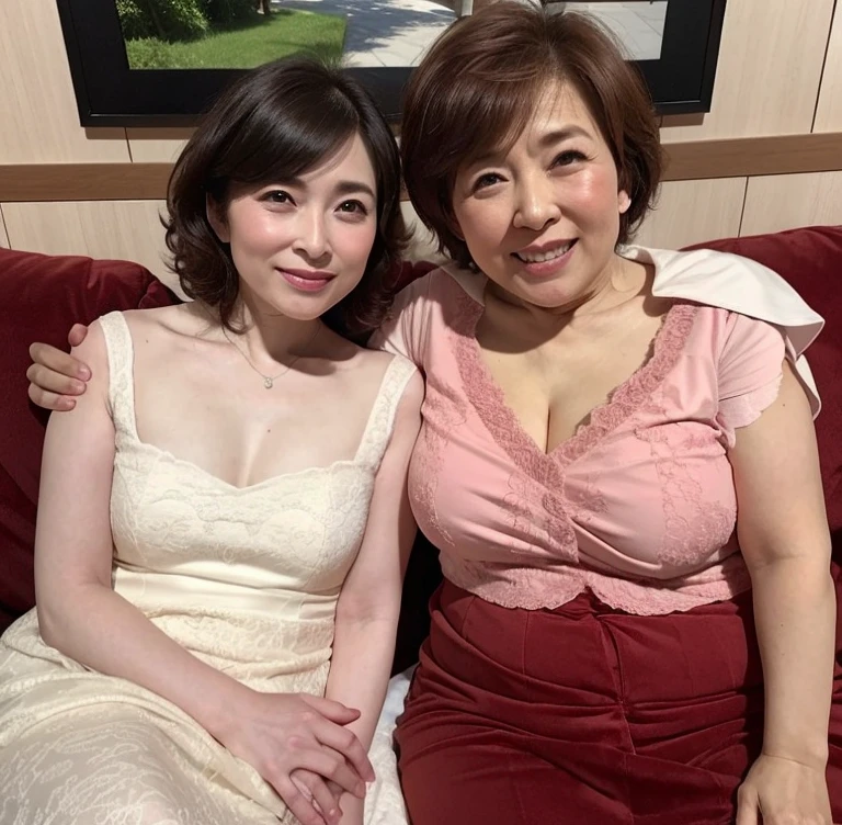(highest quality, masterpiece:1.2), mature and attractive woman, 2 people, bbw, lingerie, big breasts, laughter, super detailed, realistic, portrait, Bright colors, fine writing.